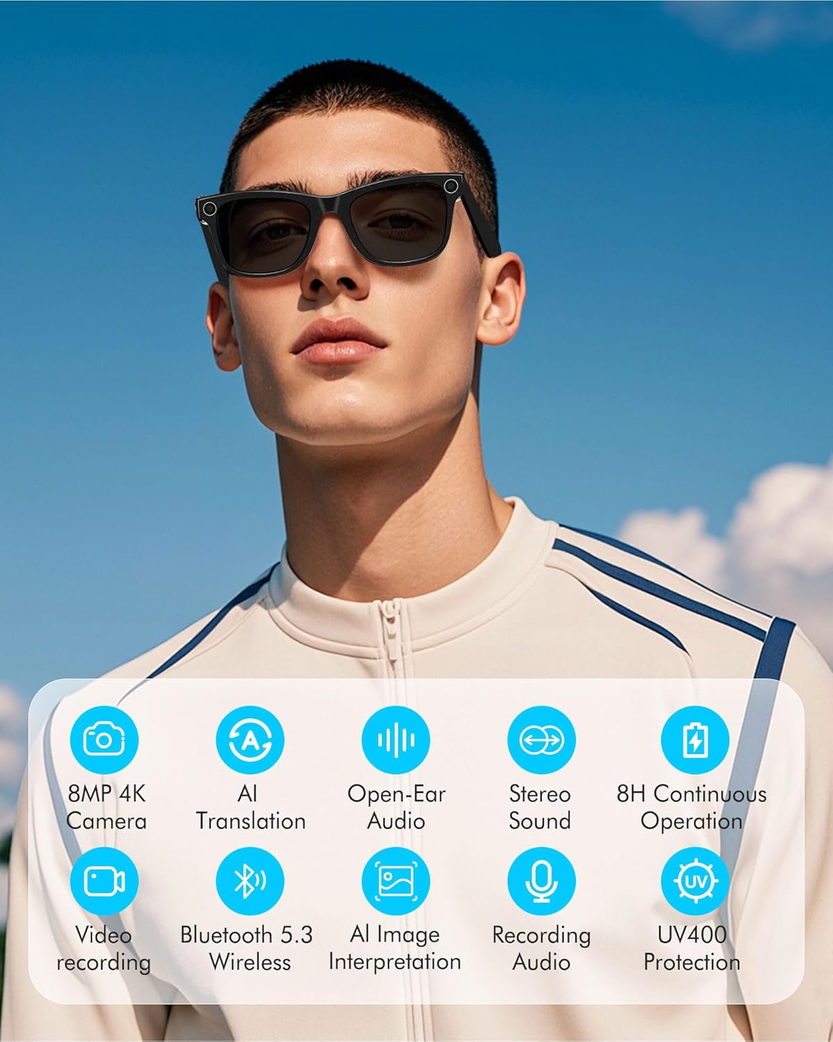 Image showing a person wearing the DUCO AG01 Smart Sunglasses with icons highlighting key features like 8MP 4K Camera, AI Translation, Open-Ear Audio, Stereo Sound, 8H Continuous Operation, Video Recording, Bluetooth 5.3, AI Image Interpretation, Recording Audio, and UV400 Protection.