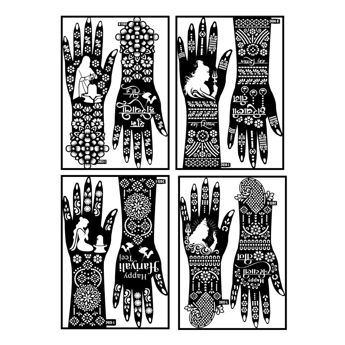 Unique Happy Hariyali Text Art Teej Mehndi Stencil Sticker For Women Hand Art-image-44