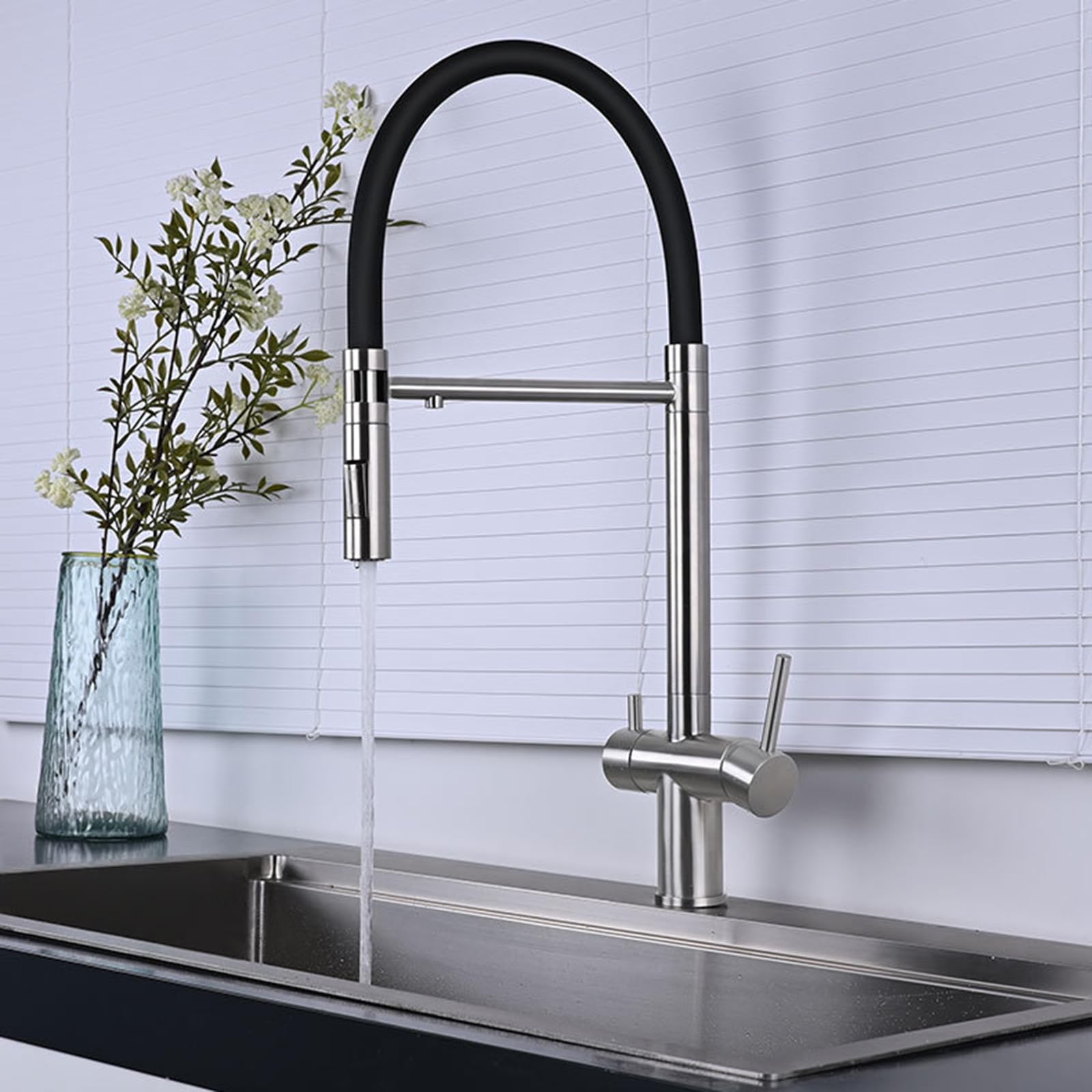 Grifos Cocina Fregadero Extraible 3 Modo Doble Manija Grifo Flexible de Agua Potable en Acero Inoxidable,Oro Rosa