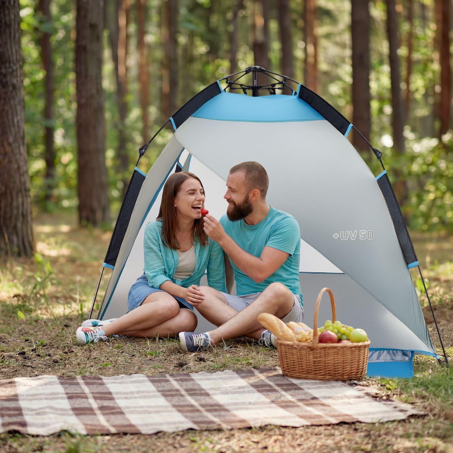 Aéré Tente de Plage, Tente de Plage avec Sac de Transport, avec Poches de Sable, pour Famille Plage, Camping, Jardin, Protection Solaire (Bleu-Gris)