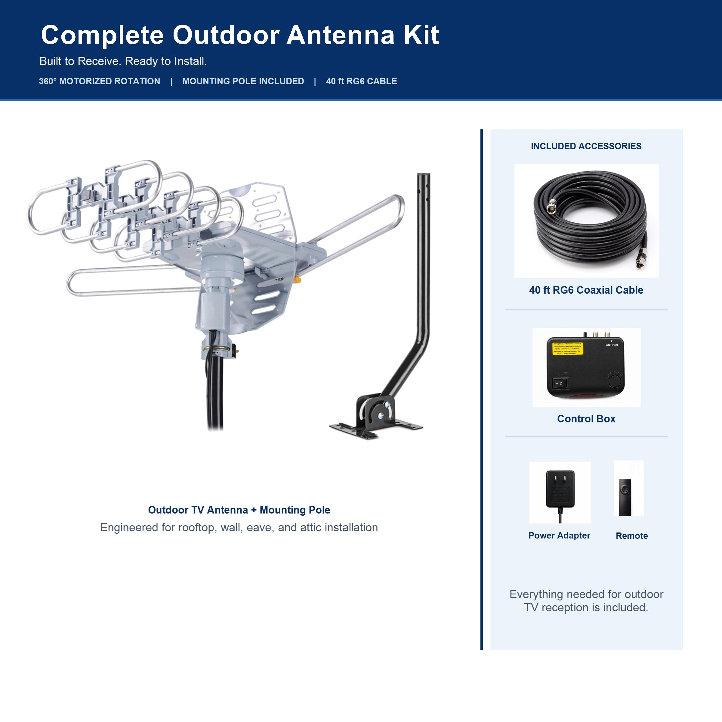 pingbingding HDTV Antenna Amplified Digital Outdoor Antenna with Mounting Pole & 40FT RG6 Coax Cable-150 Miles Range-360 Degree Rotation Wireless Remote-Snap-On Installation Support 2 TVs