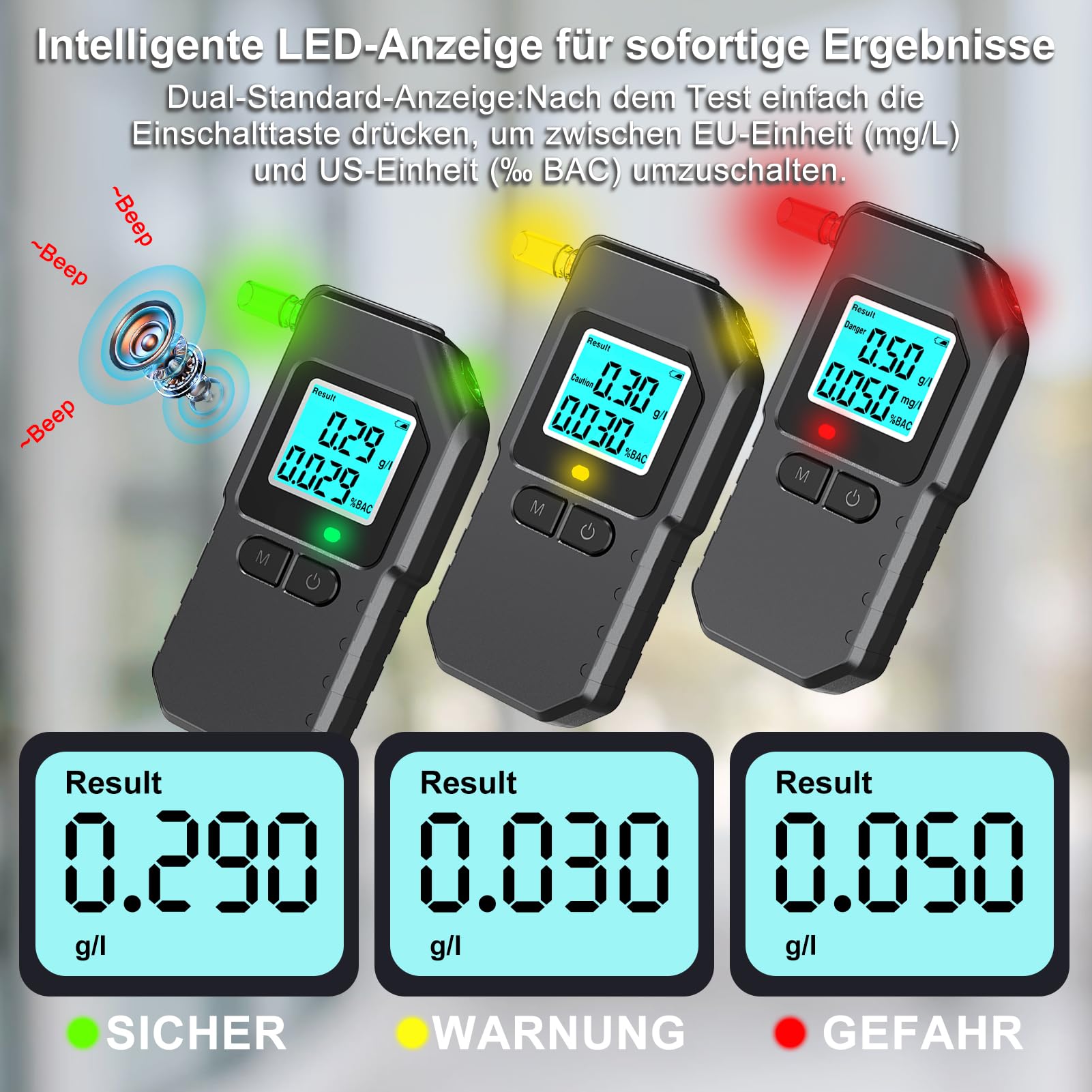 Alkoholtester professionell Dual-Sensor digital mit LCD, tragbar, 20 Mundstücke, Breathalyzer Alcohol tester (Black)