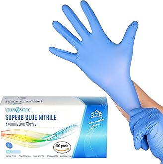 SuperB Blue Nitrile Power free examination gloves, single use, large, 100 pack, latex free, powder free, non-sterile, disposable, textured, fingertips, beaded cuff, synthetic nitrile rubber (NBR)