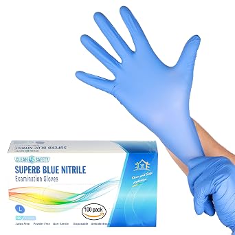 SuperB Blue Nitrile Power free examination gloves, single use, large, 100 pack, latex free, powder free, non-sterile, disposable, textured, fingertips, beaded cuff, synthetic nitrile rubber NBR