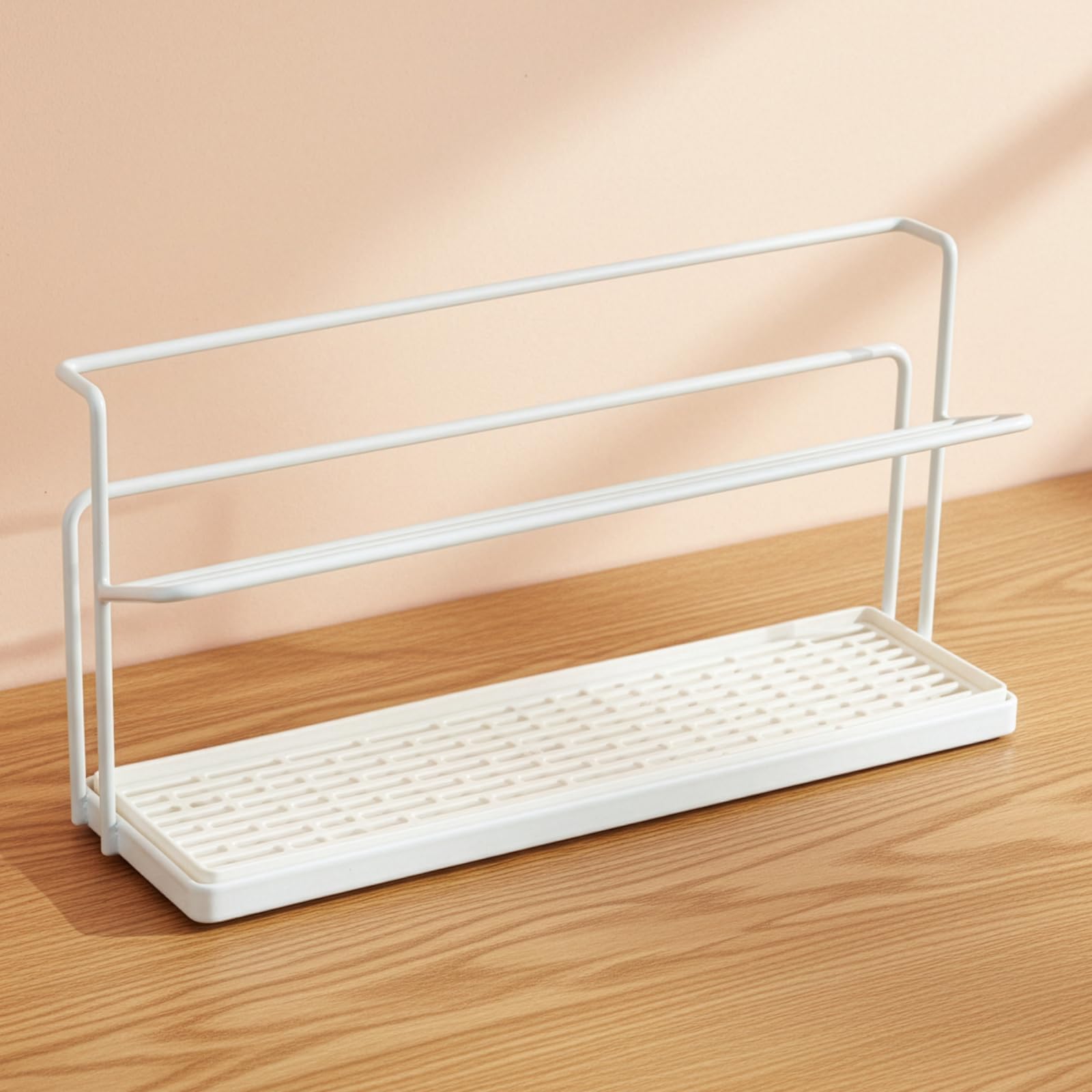 2 Tier Cup Storage Holder Bottle Drying Rack Cup & Mug Organizer with Removable Drip Tray Space-Saving Kitchen Organiser for Home Kitchen Office Bar (White)