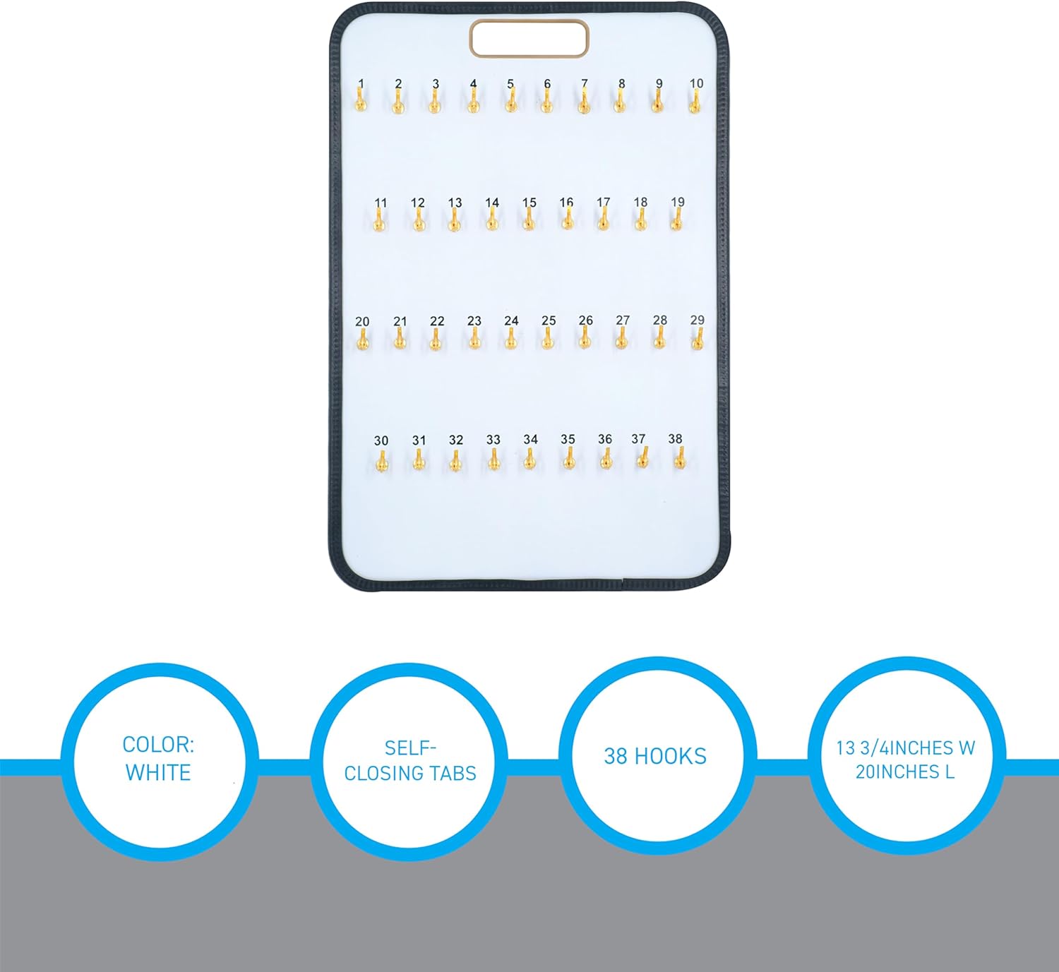 SSWBasics Key Board with Self-Closing Tabs - 38 Hooks - 13 3/4" W x 20" L