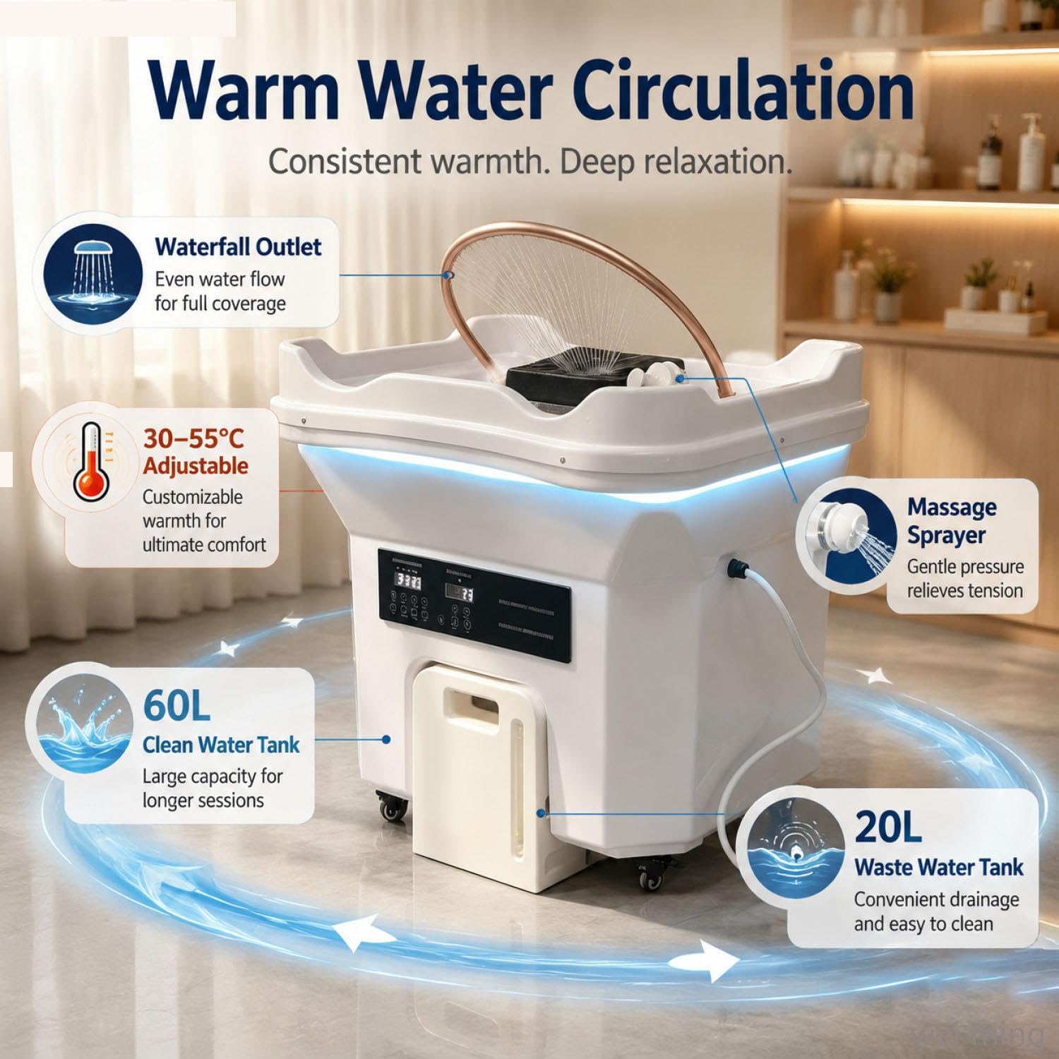 Japanische Head-Spa-Ausrüstung Mobiles Waschbecken Shampoo-Becken mit doppelter Wasserzirkulation Tragbares mit 20 l Abwassertank und 60 l Frischwassertank für Spa-Ausrüstung für Friseure (Weiß)