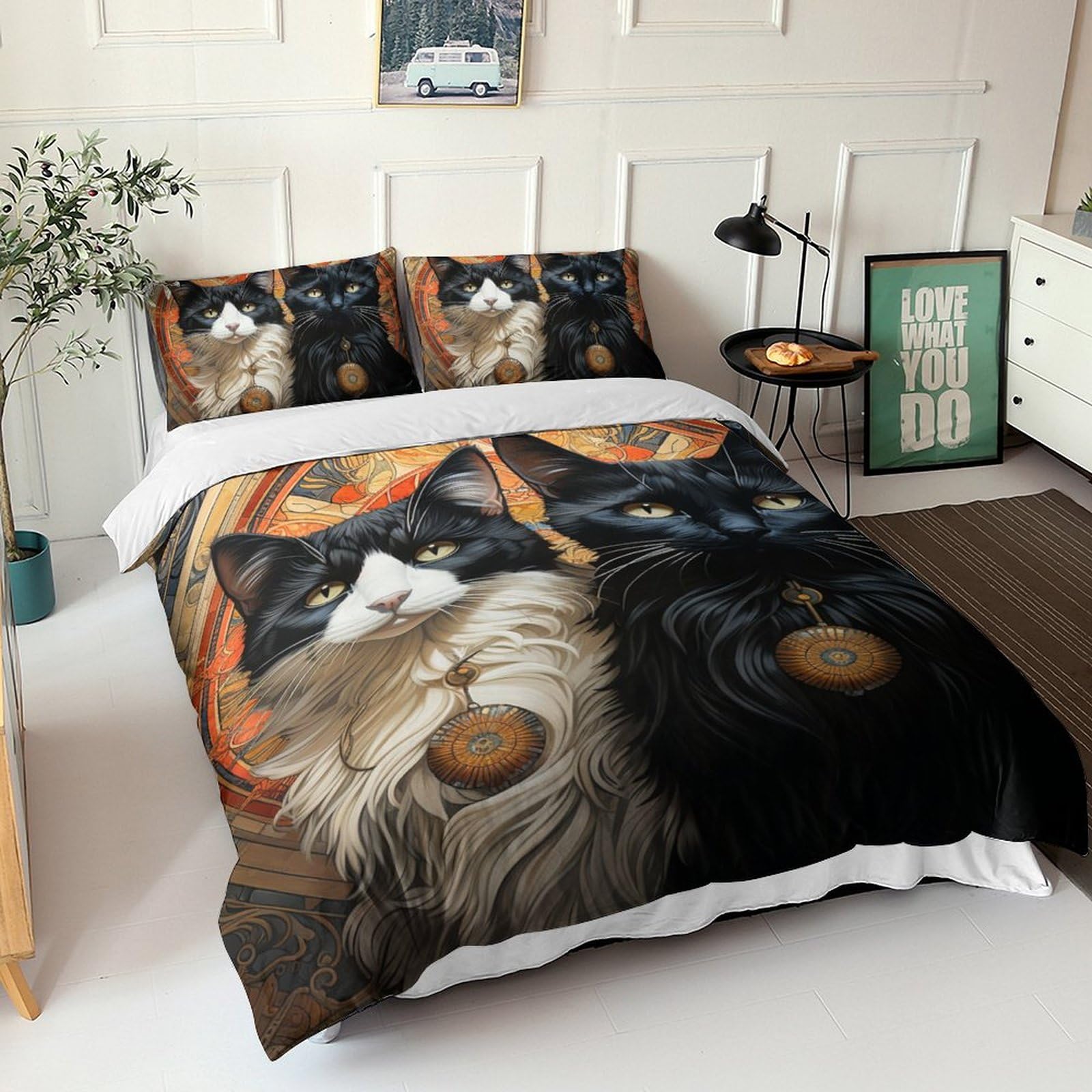 Parure de lit chat noir et blanc housse de couette 220x240cm microfibre 3D
