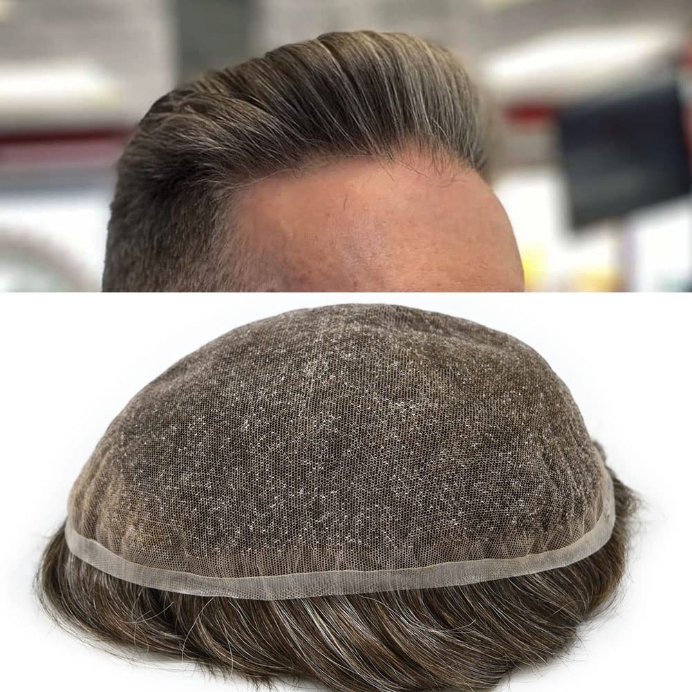 Toupee for Men Real Human Hair Replacement System Full French Lace Mens Toupee Hairpieces FACE MIRACLE(8x10, #1820 18# MEDIUM BLONDE WITH 20% SYNTHETIC GREY100% Light to medium Density)