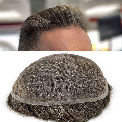 Peluca de encaje francés completo para hombre, transpirable, cabello humano de encaje 100 % de densidad, para hombres, nudo blanqueado, peluca de