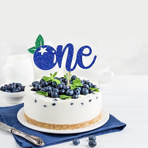Miniatura 2 de Calarjeta Decoración para pastel de primer cumpleaños de arándanos, papel apto para alimentos, 4.2 x 5.9 pies, purpurina azul y verde, decoración de