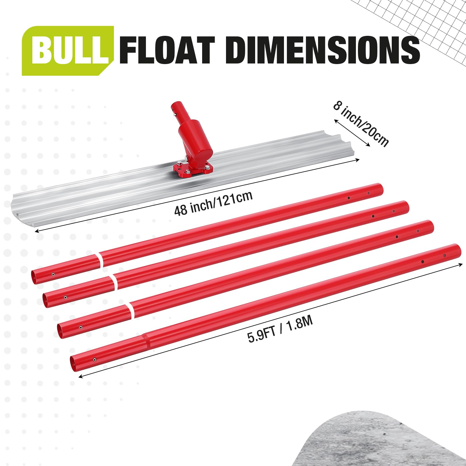 Garvee Flotteur Bull professionnel en magnésium pour béton – Outil de lissage et finition – Support réglable – Idéal maçonnerie – 48x8 pouces, 4 barres imbriquées, manche long 180CM