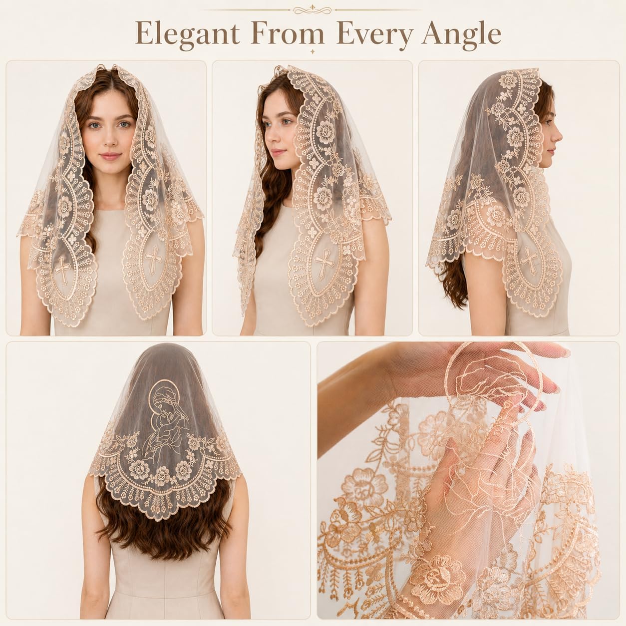 Church Veil Catholic Mass -Our Lady Embroidered Lace Triangle Headscarf Floral Church Veil Latin Mass Scarf