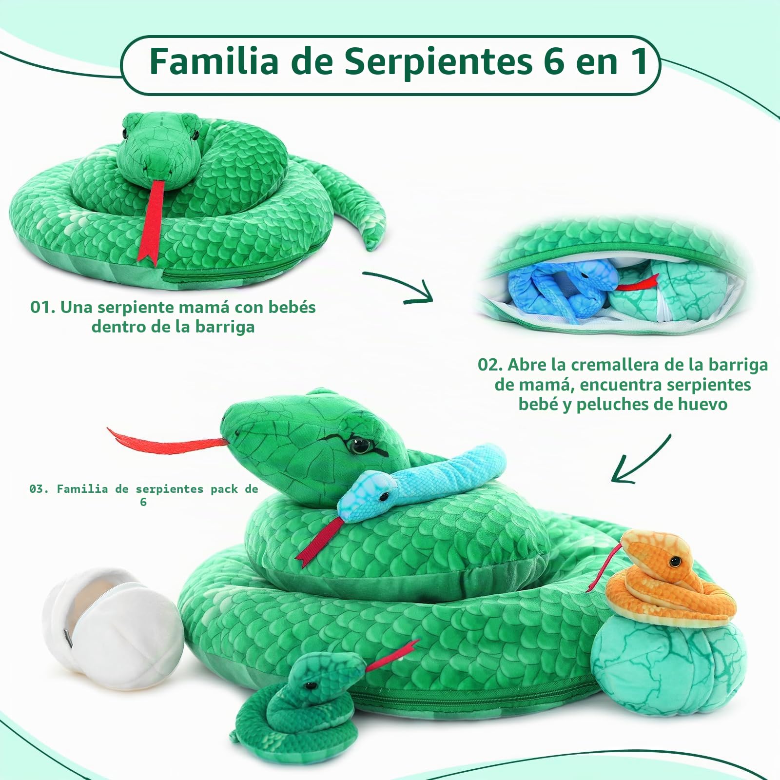 MorisMos Serpiente de Peluche XXL con Bebe en el Vientre, 140 cm de Largo Gran Serpiente Juguetes de Peluche Animales Realista, Regalo para Niños Niñas Cumpleaños Navidad