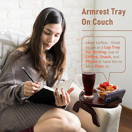 Miniatura 5 de SINWANT Mesa de brazo para sofá, bandeja redonda de bambú con clip para sofá con soporte para teléfono de 360, mesa plegable para reposabrazos de
