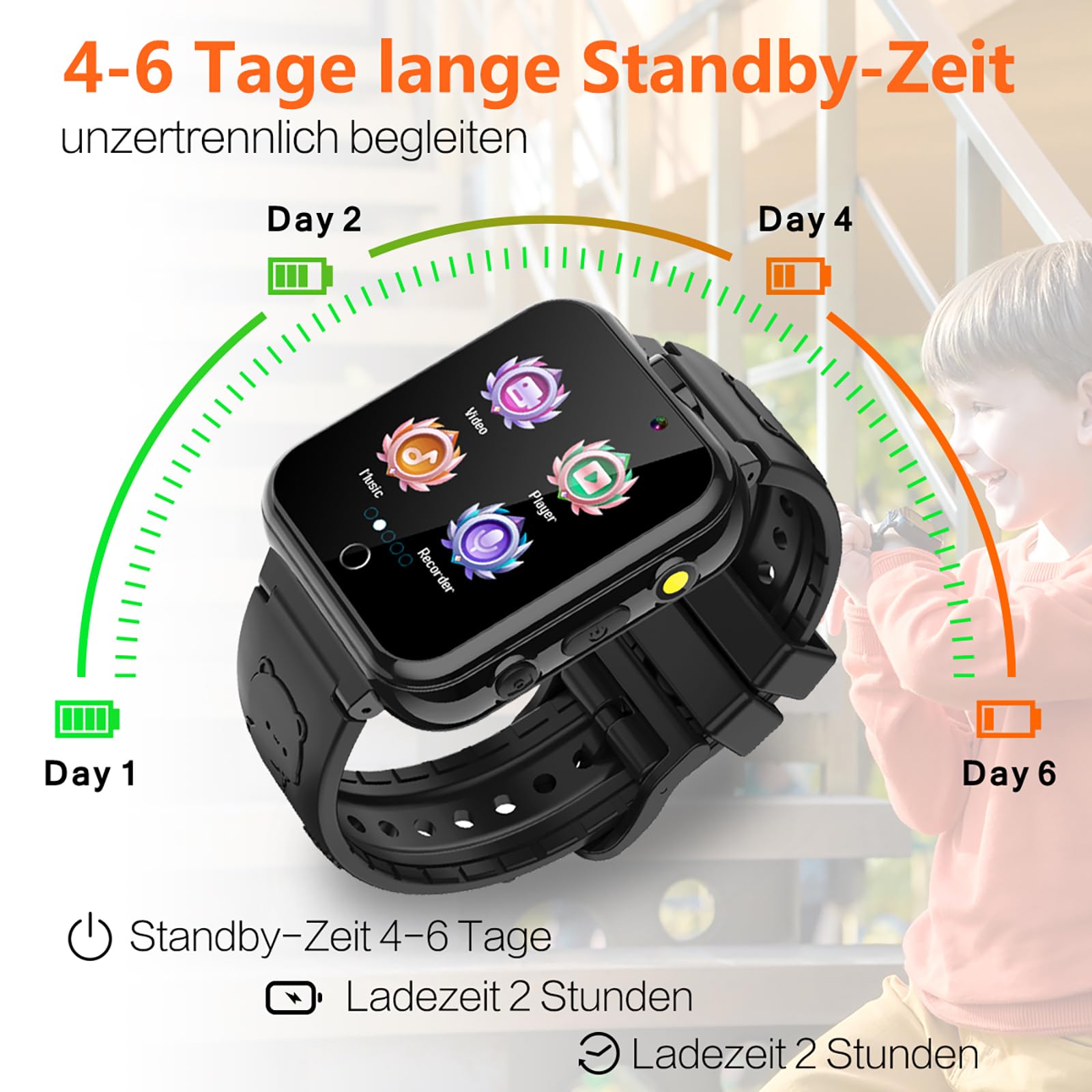 Kind Smartwatch 24-Spiel-Schritte 2 HD Kamera Mode für Kinder (schwarz)