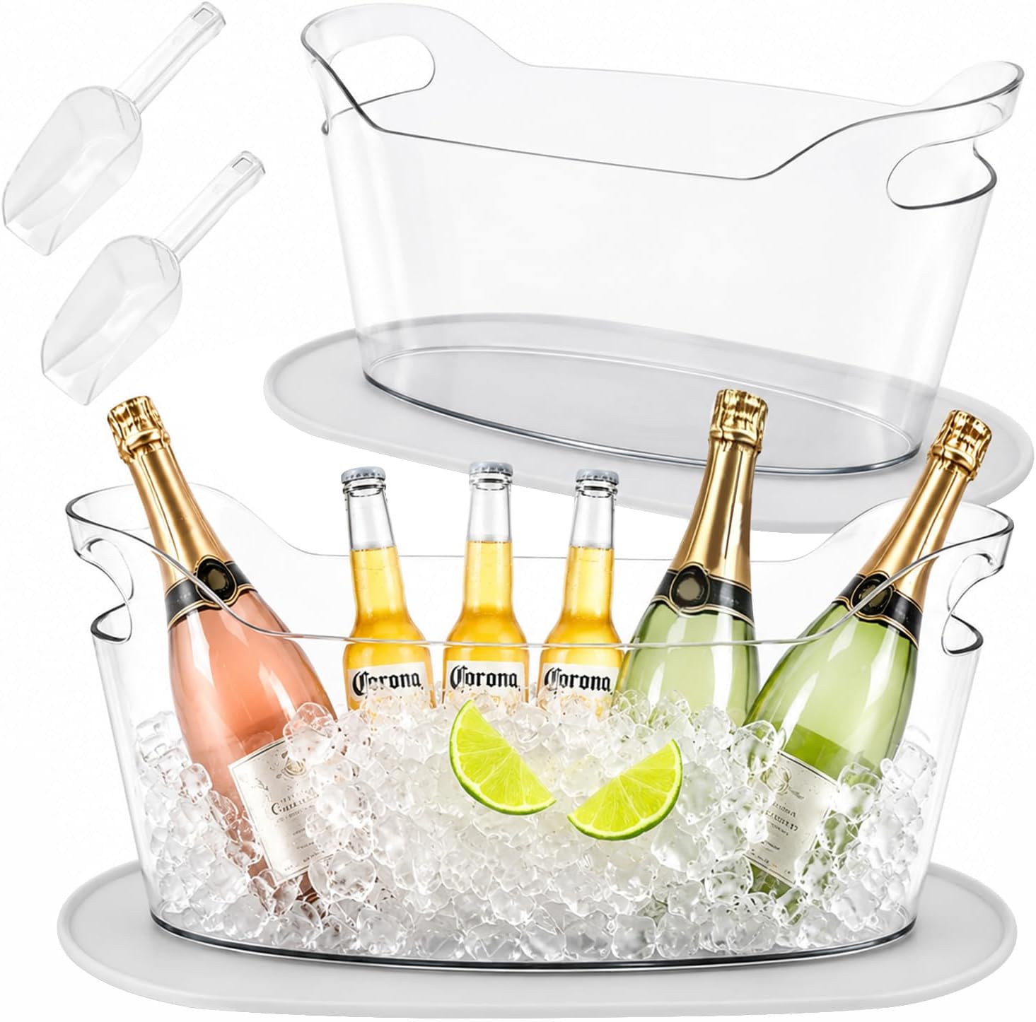 Ice Buckets for Parties 6.5L, Clear Beverage Tub with 2 Ice Scoops & Silicone Drip Tray, Plastic Ice Bucket Beverage Tub for Wine, Beer, Champagne, Mimosa Bar, Wedding, Pool and Home Party, 3.5 Gallon | 6.5L Large Ice Buckets