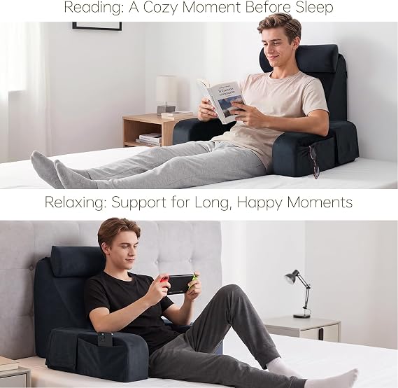 ENITYA Back Pillow for Bed Sitting up, 19 Reading Pillow for Sitting in Bed Adult, Back Support Pillow with Arms for Watching TV/Reading/Gaming/Resting, Medium(Black)