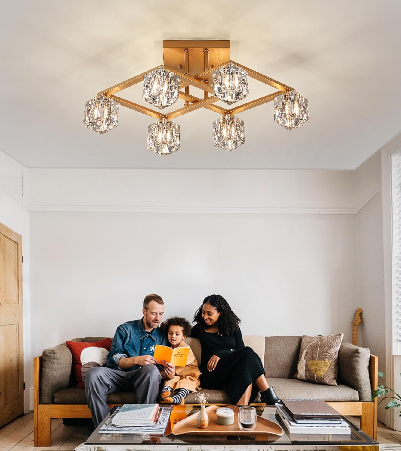 AMZASA Modern Crystal Chandelier,Gold Semi Flush Mount Ceiling Light Antique Brass Geometric 6 Lights Light Fixture for Dining Room Living Room Bedroom Kitchen Island Office