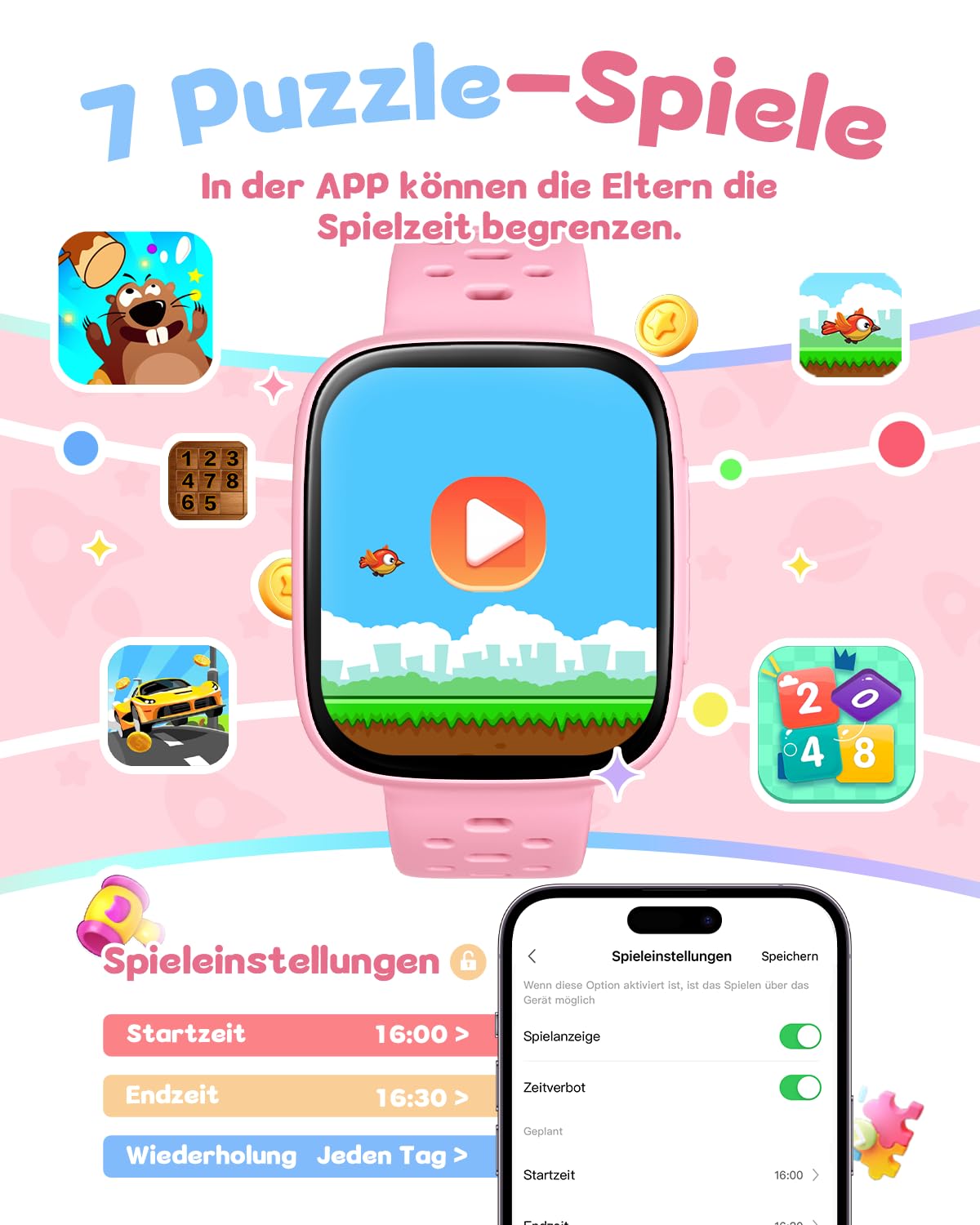 Smartwatch Kinder Ohne Handy/App nutzbar, 1,83" AMOLED Display Fitnessuhr mit IP68 wasserdicht, Schrittzähler, Herzfrequenz/Schlafmonitor, Wecker, Fitness Tracker für Mädchen 5-12