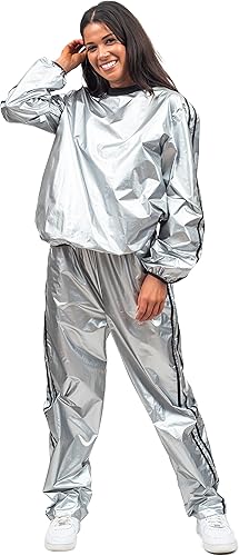 Vista 4 de Todd & Margo - Conjunto de disfraz de lujo con camiseta de entrenamiento y pantalones plateados brillantes para Halloween y cosplay