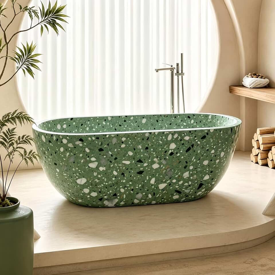 63" Edeyeu Freestanding Bathtub - Marble Solid Surface Bathtub, Deep Soaking Tub with Hand-Polished Stone Resin Body for Luxury Bathrooms, Villas and Hotel Suites, Green