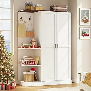 ACNTOR 47" W Wardrobe Closet, Modern Bedroom Armoires with 5 Shelves, 2 Doors, Large Wooden Closet Cabinet with Hanging Area, Freestanding Clothing Storage Cabinet, White