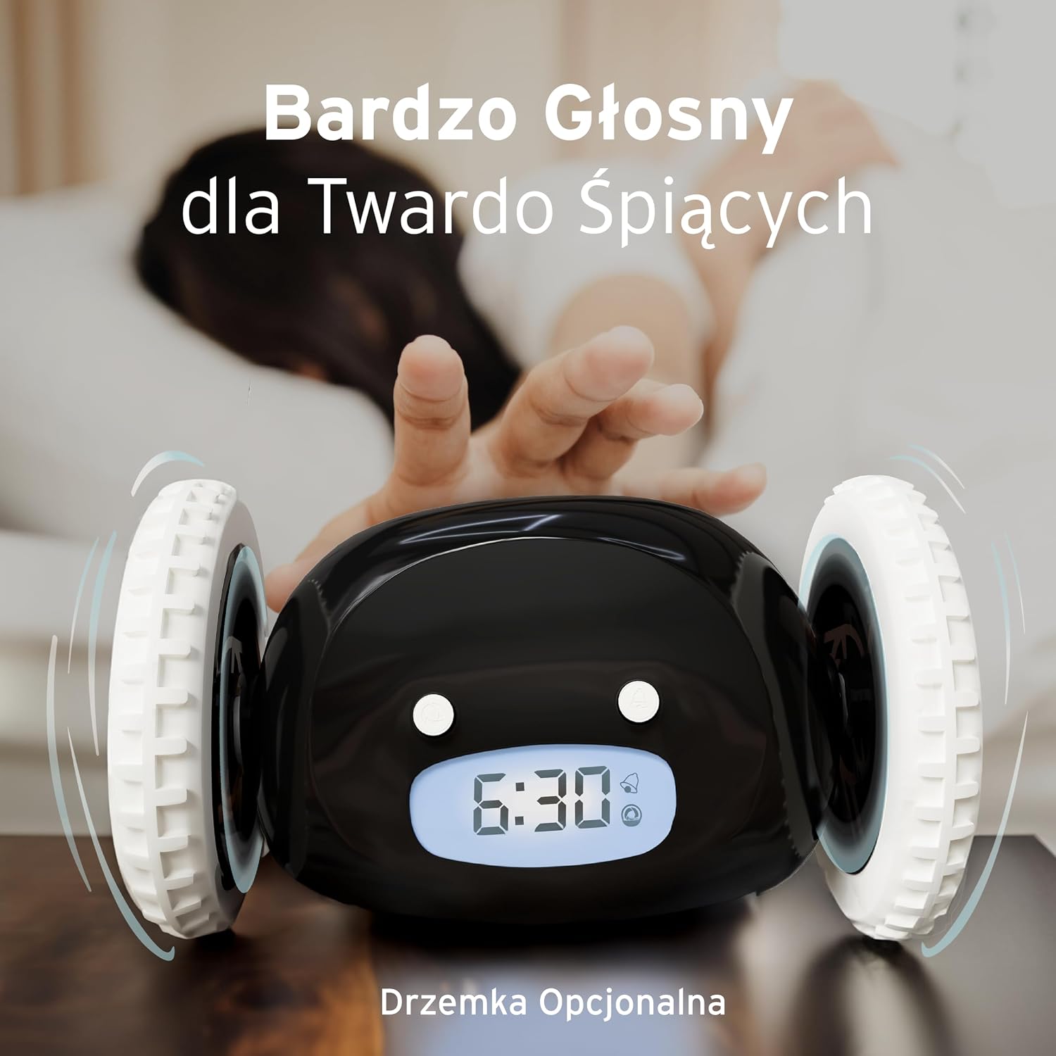 CLOCKY Zabawny Budzik Cyfrowy Elektroniczny Podrózny na Kołach Budzik Głośny dla osób nieslyszacych dziewczynki niedoslyszacych śpiących gluchych śmierci Doroslych Starszych Dcziezi Porusza Czarny