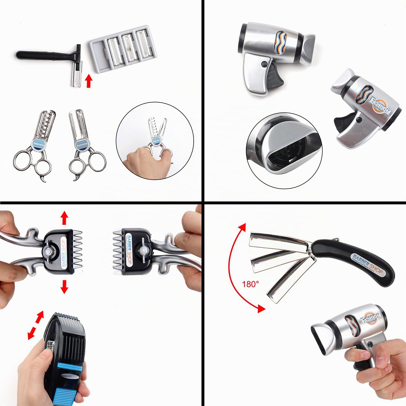 deAO Estilismo e Parrucchiere Gioco di Barbiere di Moda Set, Giocattoli di Bellezza Set, Hair Stylist Giocattolo Include Asciugacapelli d'Aria Fredda, Forbici Giocattolo Bigodino e Accessori Ragazzi