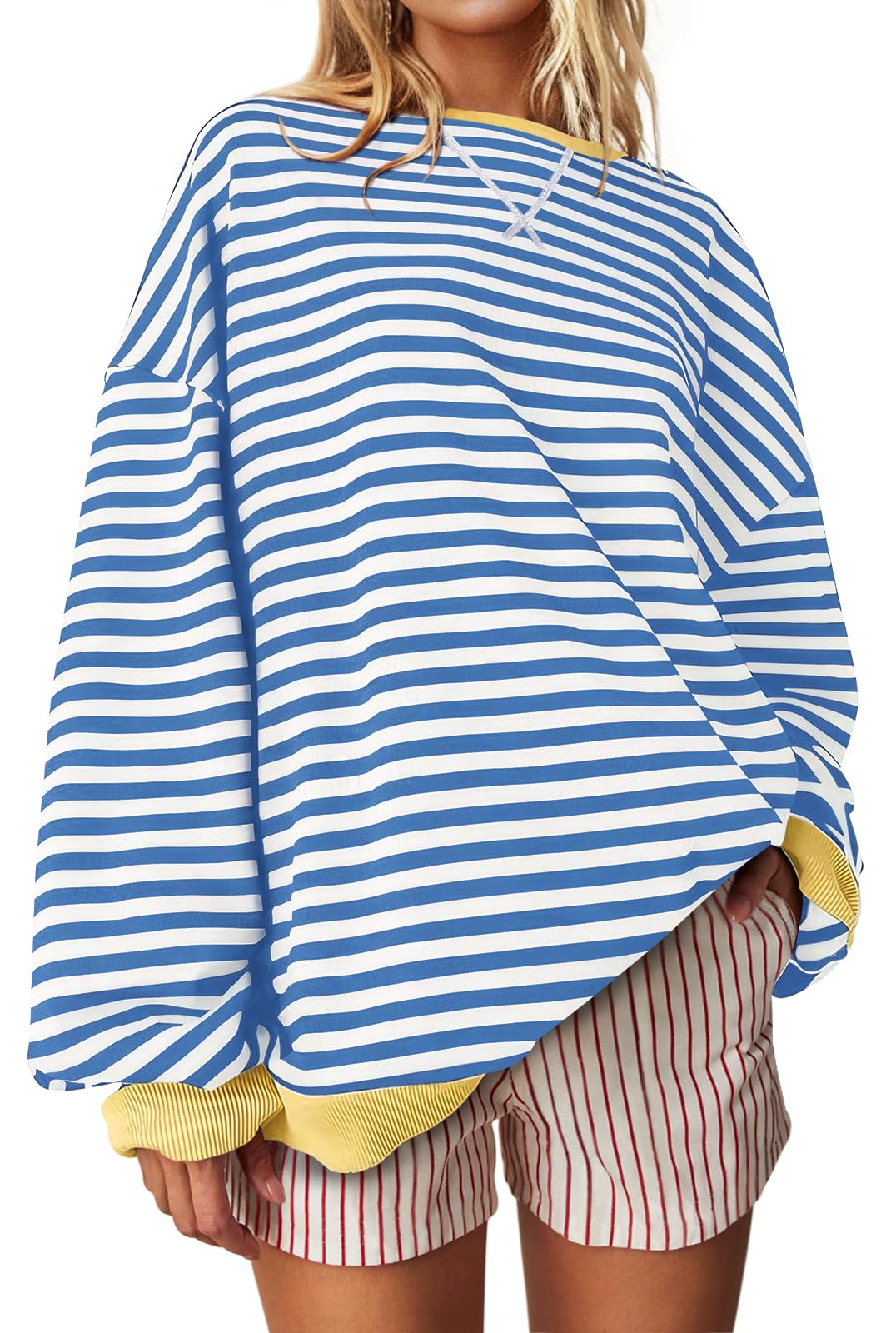 UEU Women Oversized Striped Crewneck Sweatshirt Long Sleeve Color Block Pullover Tops Casual Loose Workout Shirt