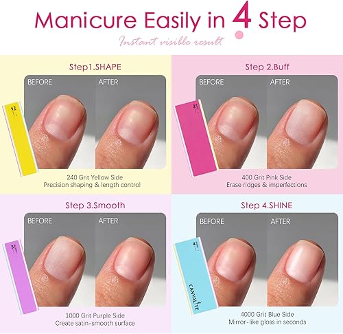 Miniatura 10 de Canvalite Pulidor de uñas para uñas naturales, todo en uno, lima de uñas de 4 vías y bloque de tampón que forma, lima, suaviza y brilla, grano Rojo