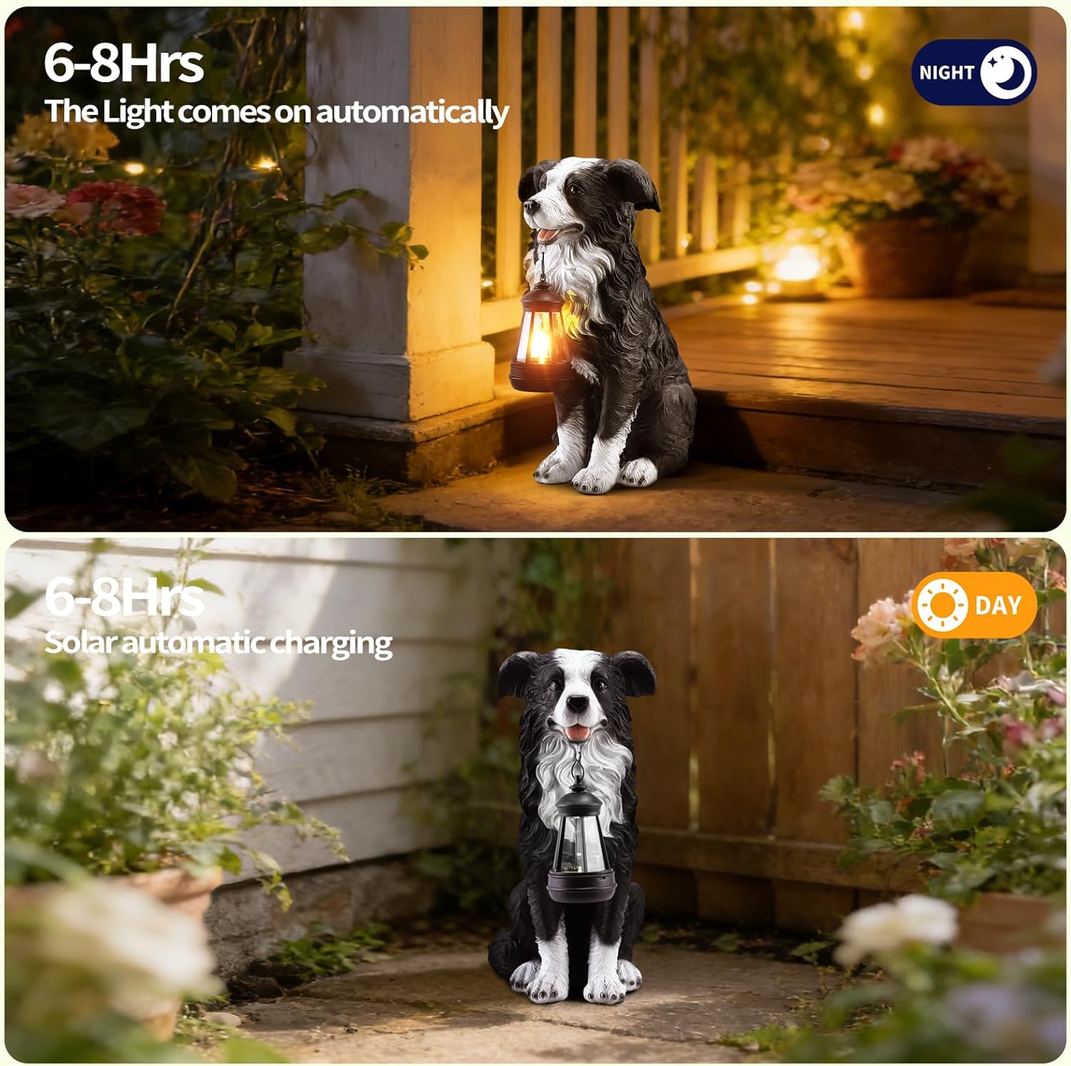 13" Solar Dog Garden Statue with Lantern Light,Resin Black and White Sitting Dog Outdoor Decor, Waterproof Solar Powered Animal Lantern for Yard, Lawn, Garden, Pathway