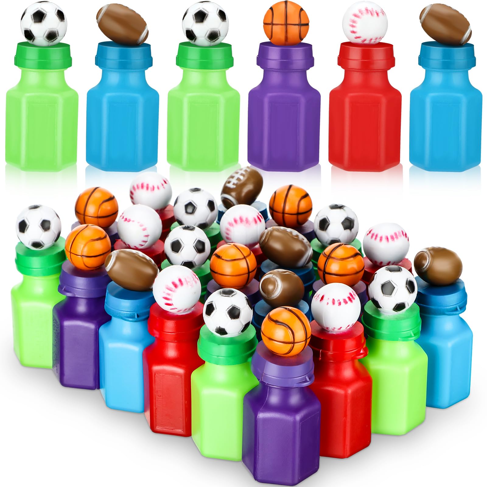 24 Pack Sport Balls Bubble Bottles Bulk Mini Bubbles Party Favors Assorted Balls Bubble Wand Bottles Soccer Basketball Football Baseball Sport Team Gift Bag Stuffers for Kids Outdoor Indoor