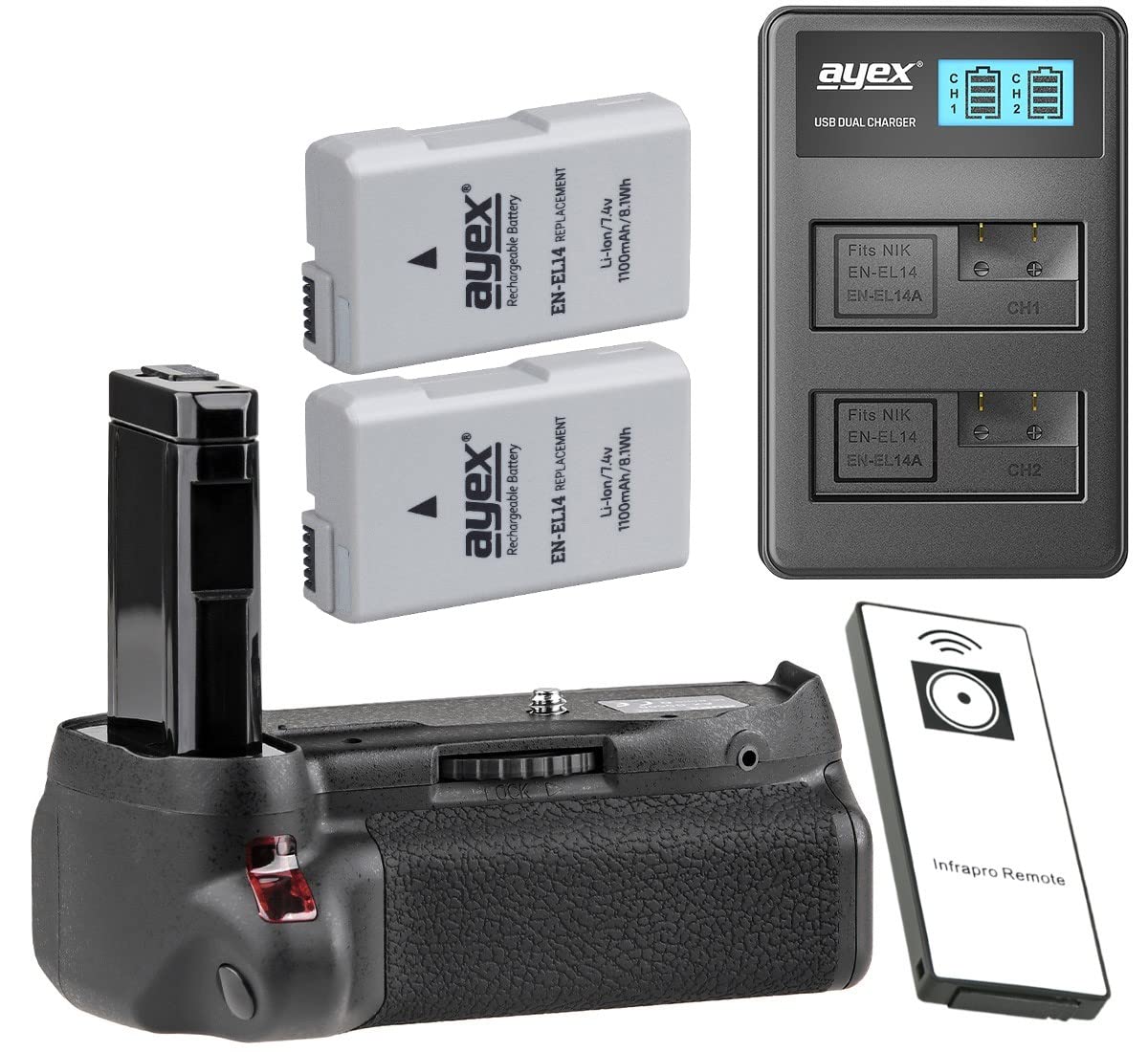 ayex Uchwyt baterii kompatybilny z Nikon D5500 D5600 ze zdalnym wyzwalaczem na podczerwień, takim jak MB-D5500 + 2 x akumulator EN-EL14 + podwójna ładowarka USB