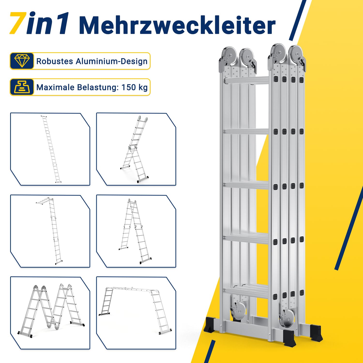 Ikodm Aluminiowa drabina wielofunkcyjna 4 x 5 stopni 578 cm 7 w 1, 150 kg