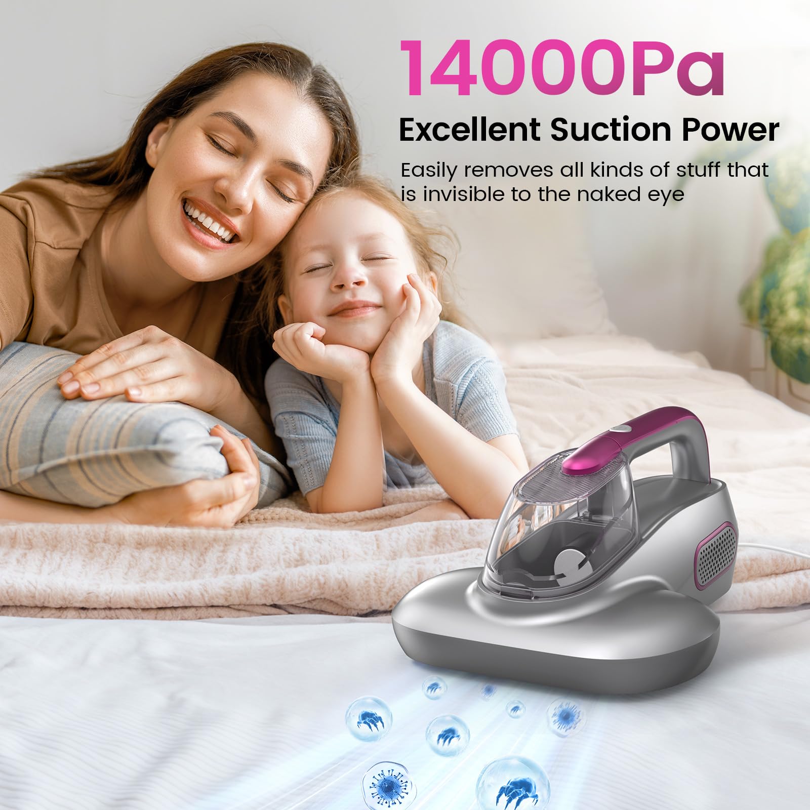 Hobetter Mattress Vacuum, Bed Vacuum with HEPA Filtration, 14Kpa Powerful Suction,73600Cycle/Min High Frequency Vibration, 500W Immense Motor, Mattress Vacuum Cleaner with Hot Air Blower (Silver Grey)