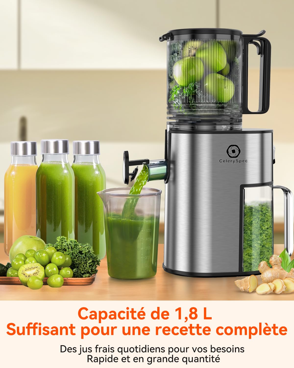 Extracteur de Jus Lent, Centrifugeuse Fruits et Legumes avec Goulotte 130 mm, 1,8L, Slow Juicer Sans BPA, 250W, Nettoyage Facile, Fonction Inverse, Acier Inoxydable Noir