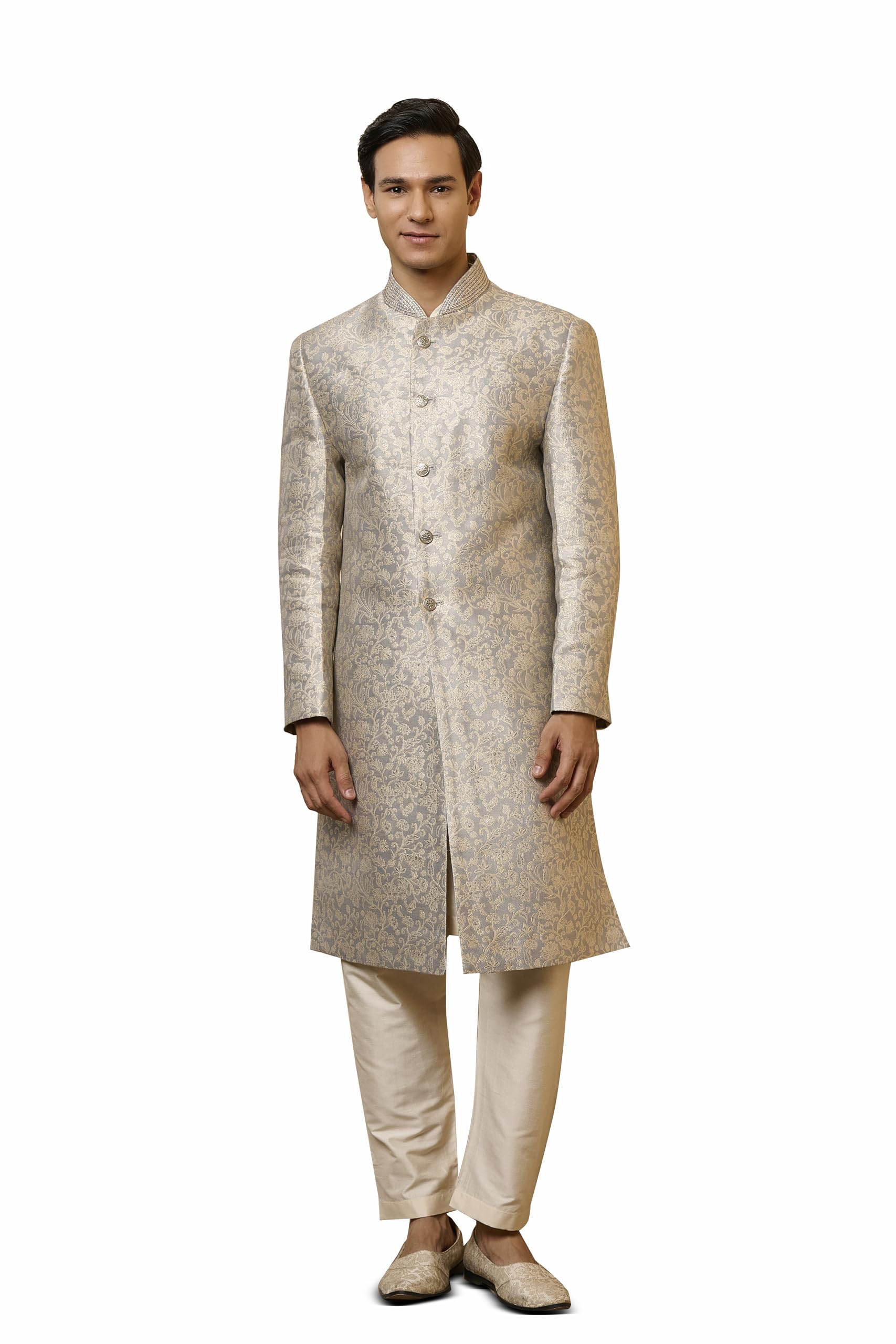Light Grey Embroidered Sherwani Set-image-44