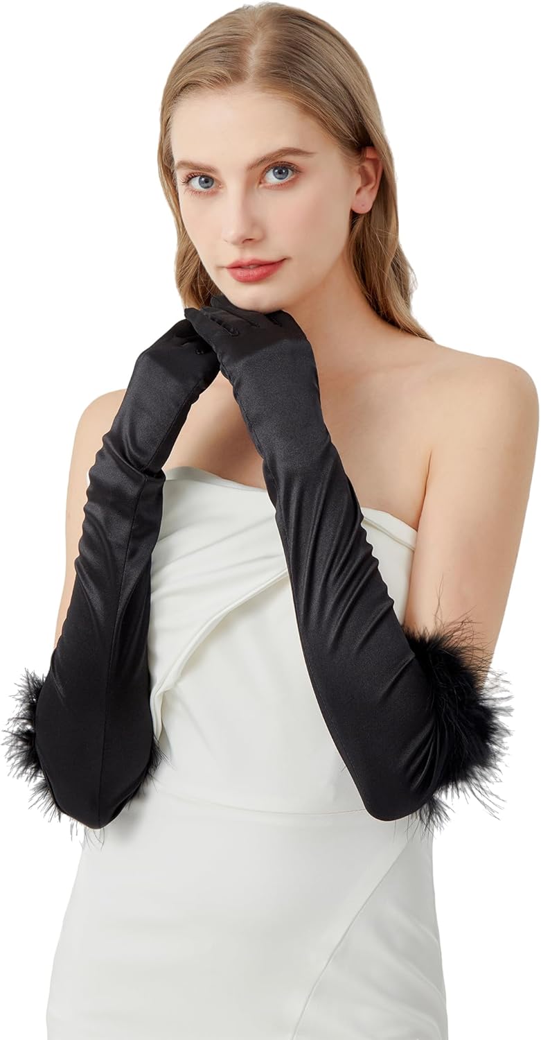 Long Satin Gloves with Feathers Women Costume Elbow Length Opera Halloween Cosplay 1920s Gatsby Party Formal Dress up - Image 3