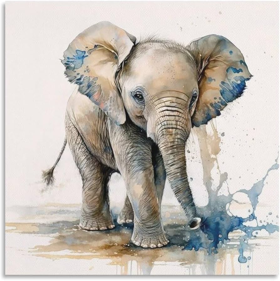 油絵風水彩画の販売】象（elephant）の『水彩画』。サイズはA3