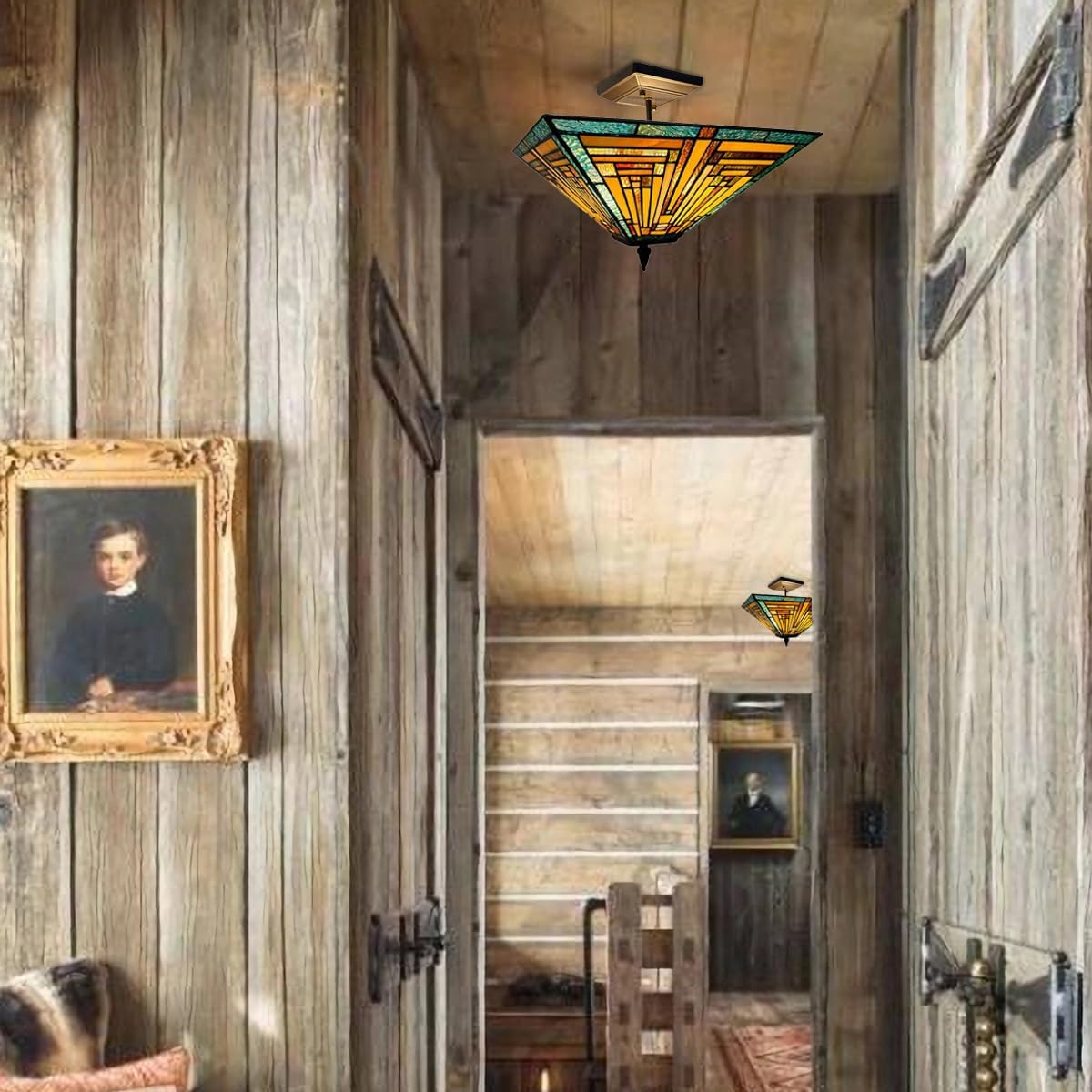 Tiffany Ceiling Lights Fixtures 14” Wide Stained Glass Ceiling Lamp 2-Light Mission Style Semi Flush Mount Ceiling Lighting for Kitchen Hallway Bedroom and Entryway