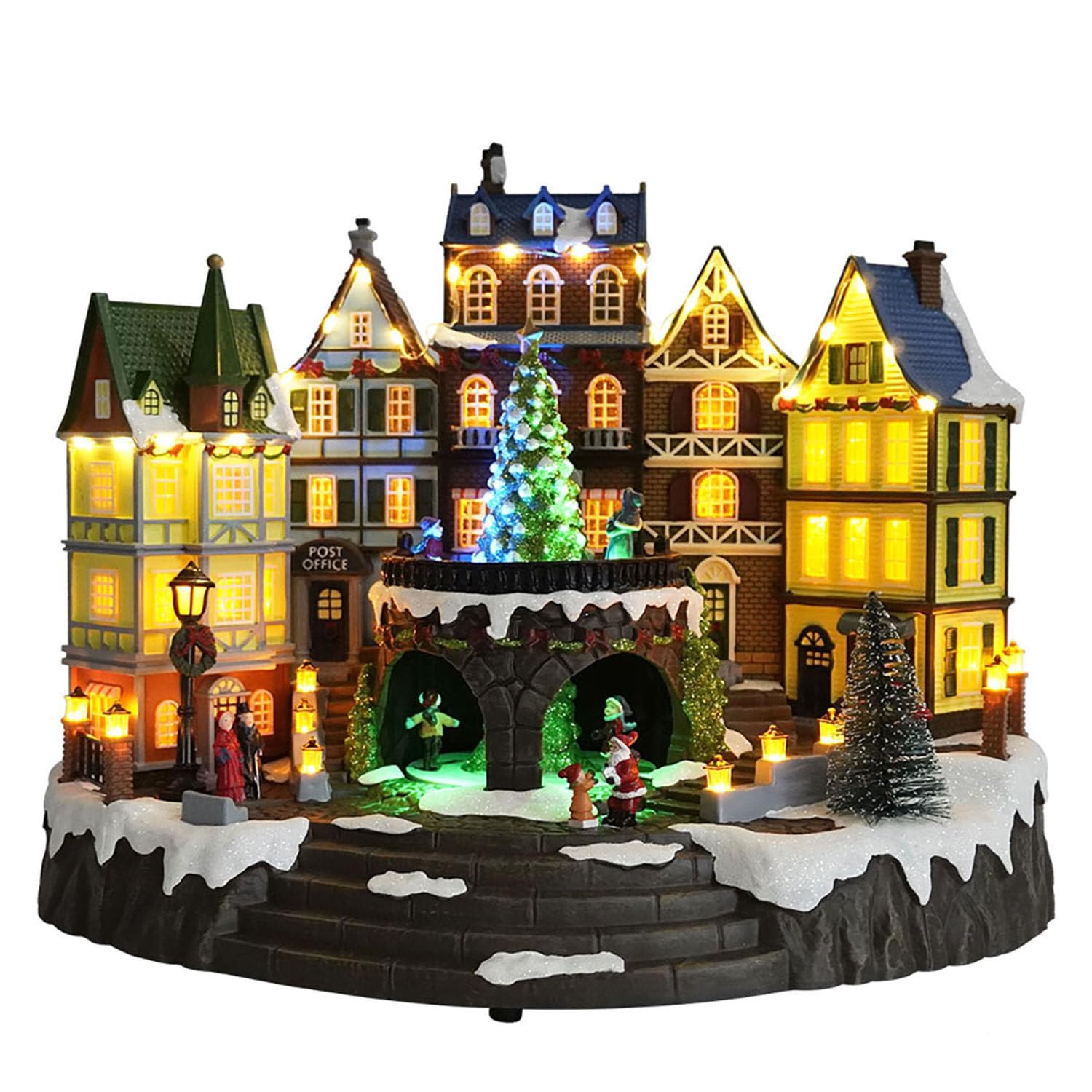 Adorno de Pueblo de Resina con Escena navideña de Papá Noel, árbol de Navidad Giratorio y animación de esquí, con Luces LED y música navideña