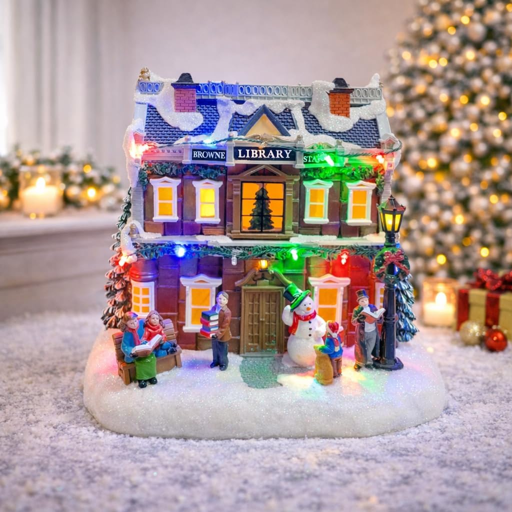 MOMENTS IN TIME Vintage Browne Station Library Christmas Village 8.39”H LED Lighted Village Building with Music Hand-Painted Details Battery Operated Holiday Decor (3 AA Batteries Not Included)