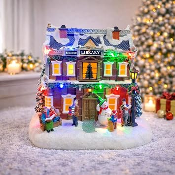 MOMENTS IN TIME Vintage Browne Station Library Christmas Village 8.39H LED Lighted Village Building with Music Hand-Painted Details Battery Operated Holiday Decor 3 AA Batteries Not Included