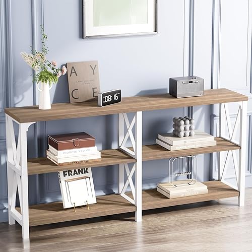 Miniatura 111 de IBF Mesa de entrada de granja, mesa consola larga rústica detrás del sofá, moderna mesa de sofá de madera de metal con estantes de almacenamiento,