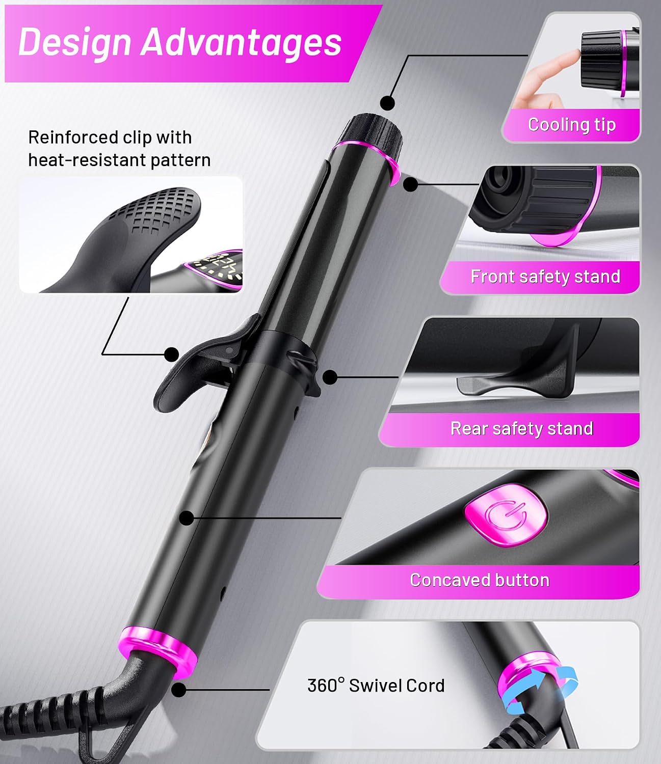 1 Inch Curling Iron for Short Hair, 100-240V Travel Dual Voltage Curling Iron with 5 Heat Settings, Mini Curling Wand with Temperature Memories and Lock,Magenta