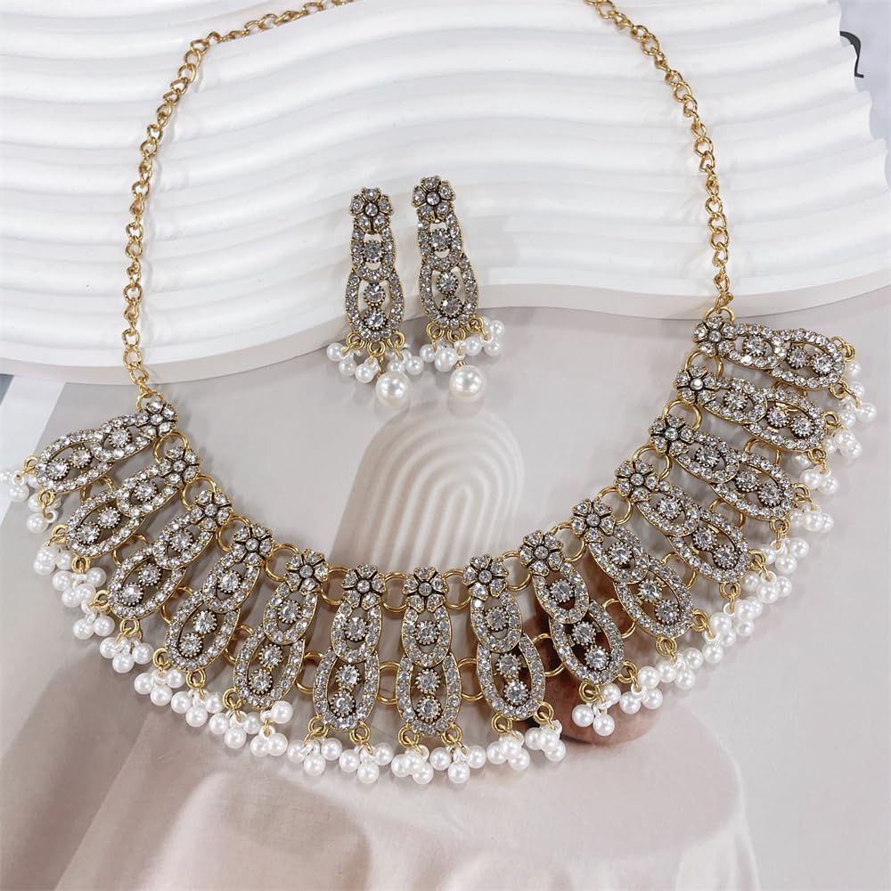NewZenro CZ Flower Imitation Pearl Beaded Tassel Dangle Drop Stud Earrings Layered Choker Necklace Set for Women Trendy Indian Traditional Fashion Antique Bollywood Jewelry for Wedding Party - Image 4