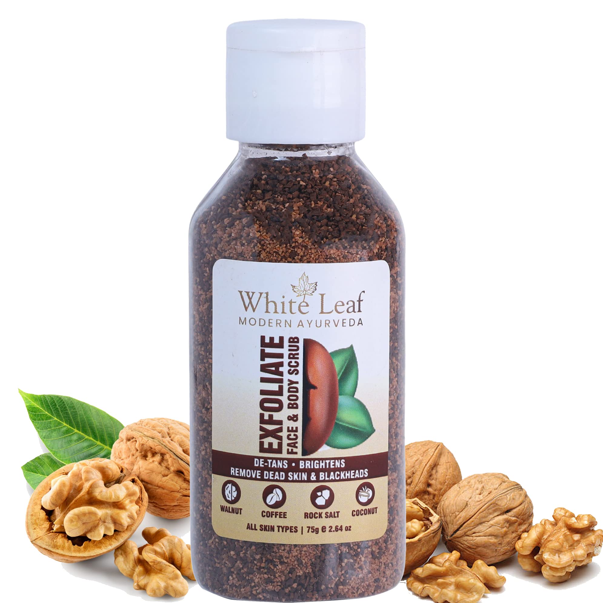 White Leaf Exfoliate Walnut Scrub 75g For Face & Body With Coffee & Coconut For Dead Skin Cells & Tan Removal, Blackheads, Dirt & Pollution Free Skin