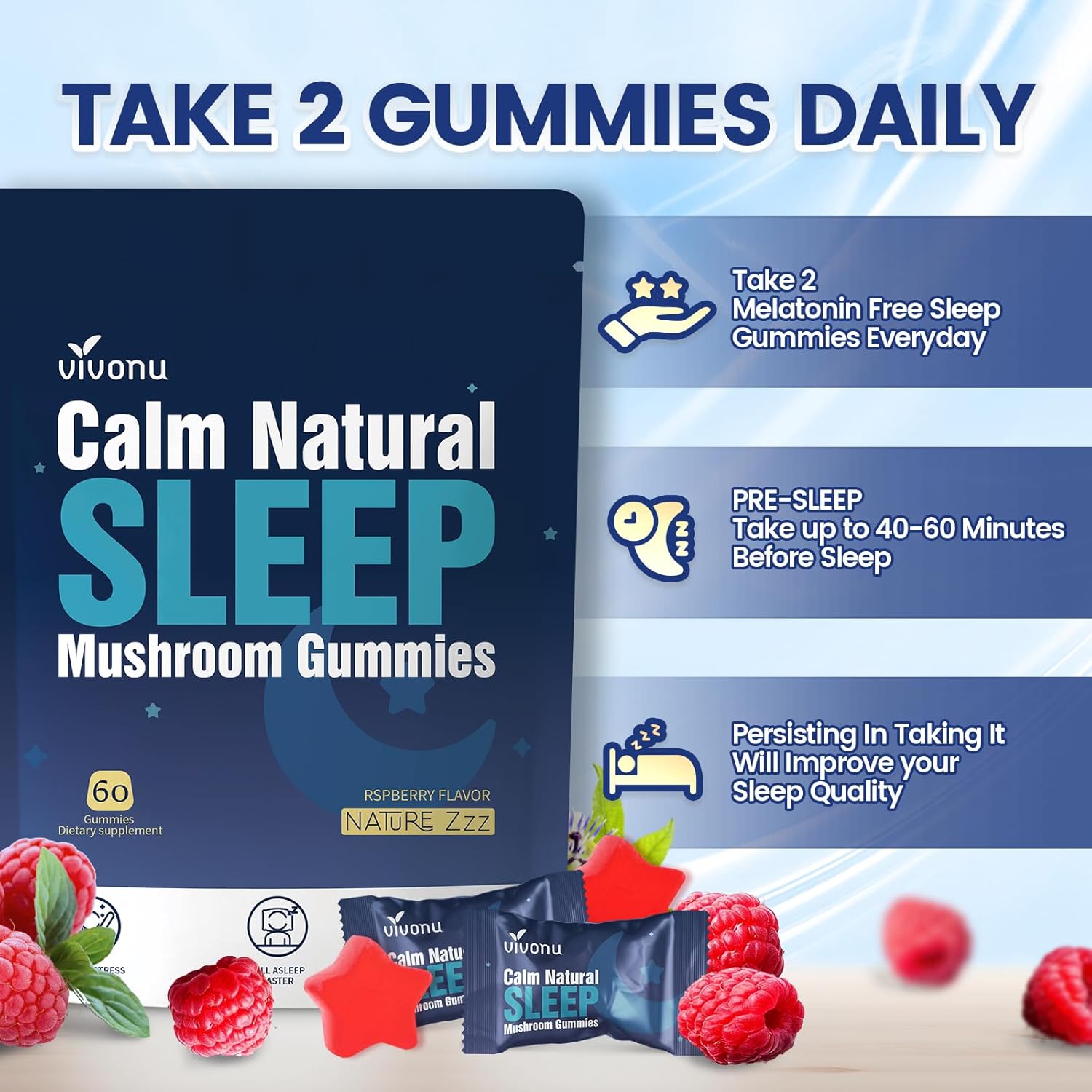 Sleep Gummies Melatonin Free with L-Theanine, Magnesium, Reishi Mushroom,Valerian Root, Passionflower | Non-Habit Forming Sleep Aid | Non-GMO Sleep Gummies for Adults | Raspberry Flavor (60pcs) - Image 6