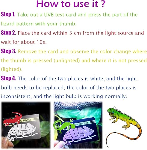 Miniatura 3 de Paquete de 5 tarjetas con sensor de prueba UVB rápida, probador reutilizable UVB para reptiles, bombilla de calefacción, indicador de tarjeta UVB